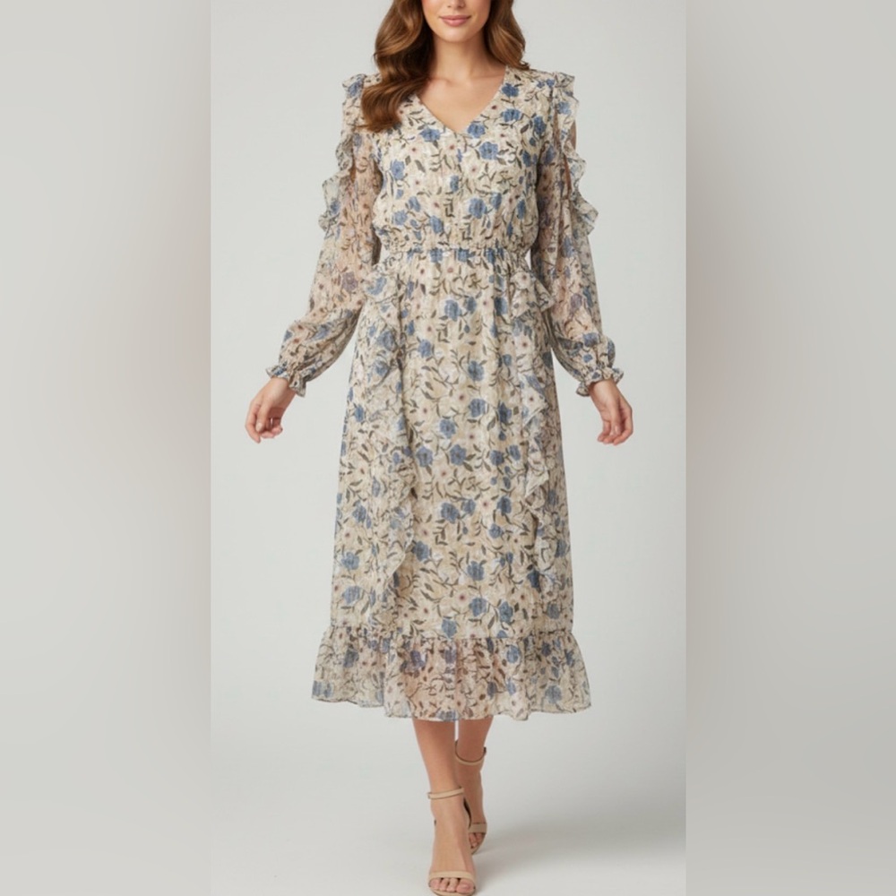 Anthropologie By The River Floral Long Sleeve Boho Cottage Dress Size Small